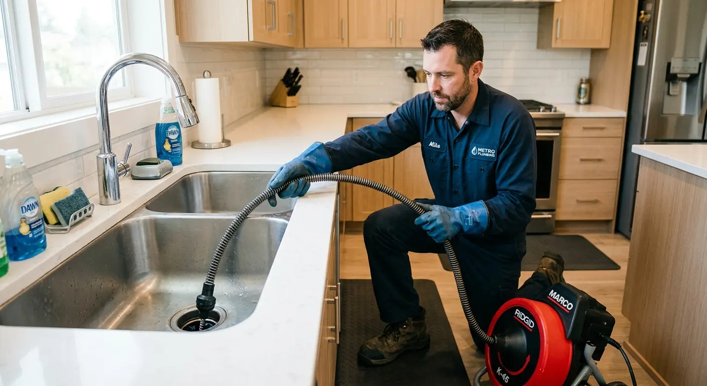 Drain cleaning technician using a motorized snake on a kitchen sink in Crofton