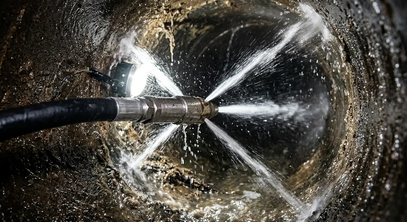 High-pressure hydro jetting nozzle cleaning sewer pipe for Sewer Cleanout in Crofton