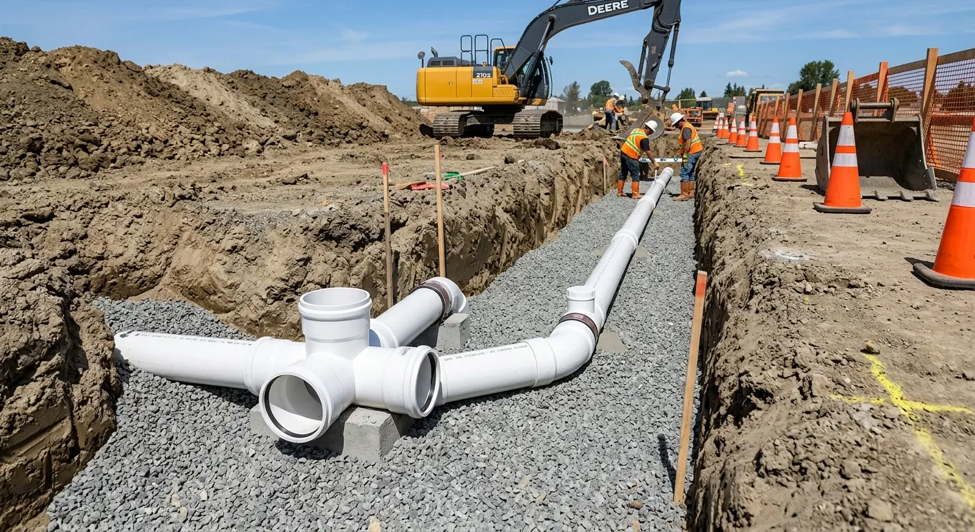 New PVC sewer pipe installation in open trench for Commercial Drain Cleaning in Crofton