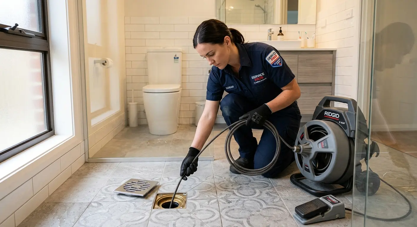 Technician clearing a bathroom floor drain for Sewer Line Replacement in Crofton